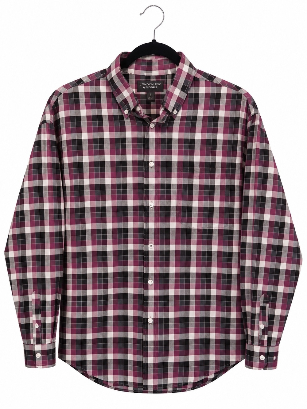 Roundtree & Yorke Burgundy Plaid 100% Cotton Button-Down Shirt – Men’s Large